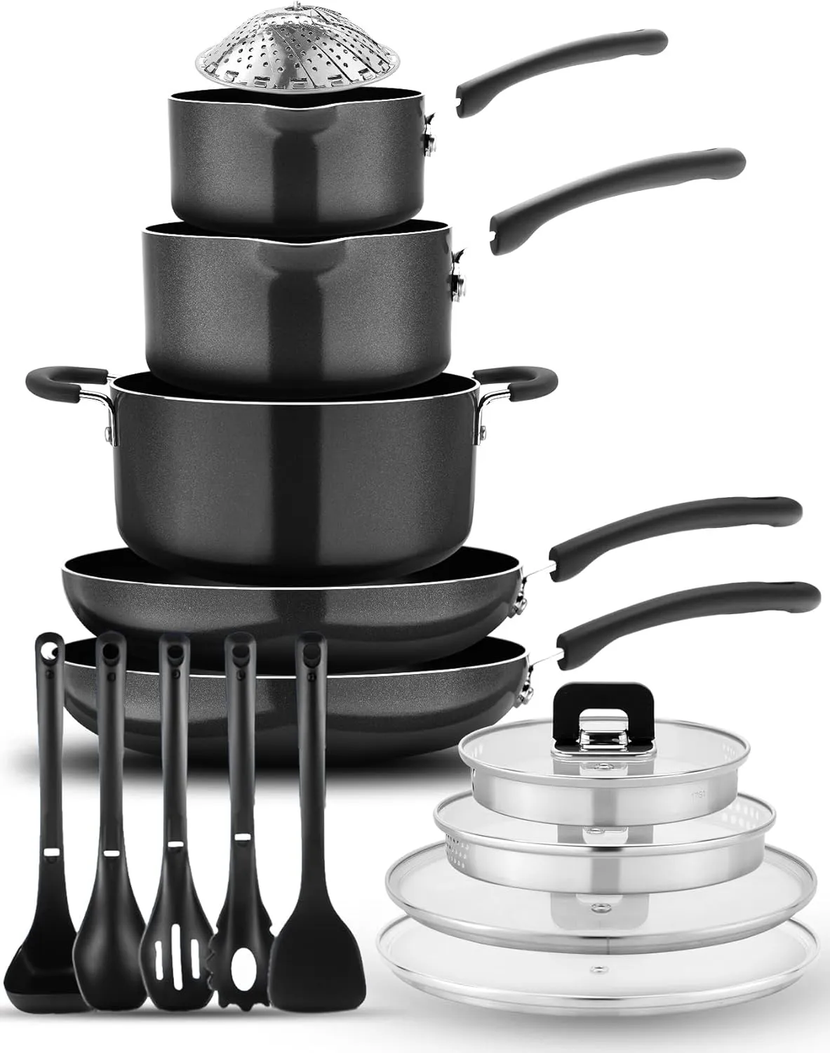 NutriChef 17pcs Stackable Pots and Pan Set, Stainless Steel Cookware Set Nonstick, Induction Cookware with Foldable Knob, Space Saving, Nylon Tools, Black