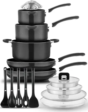 NutriChef 17pcs Stackable Pots and Pan Set, Stainless Steel Cookware Set Nonstick, Induction Cookware with Foldable Knob, Space Saving, Nylon Tools, Black