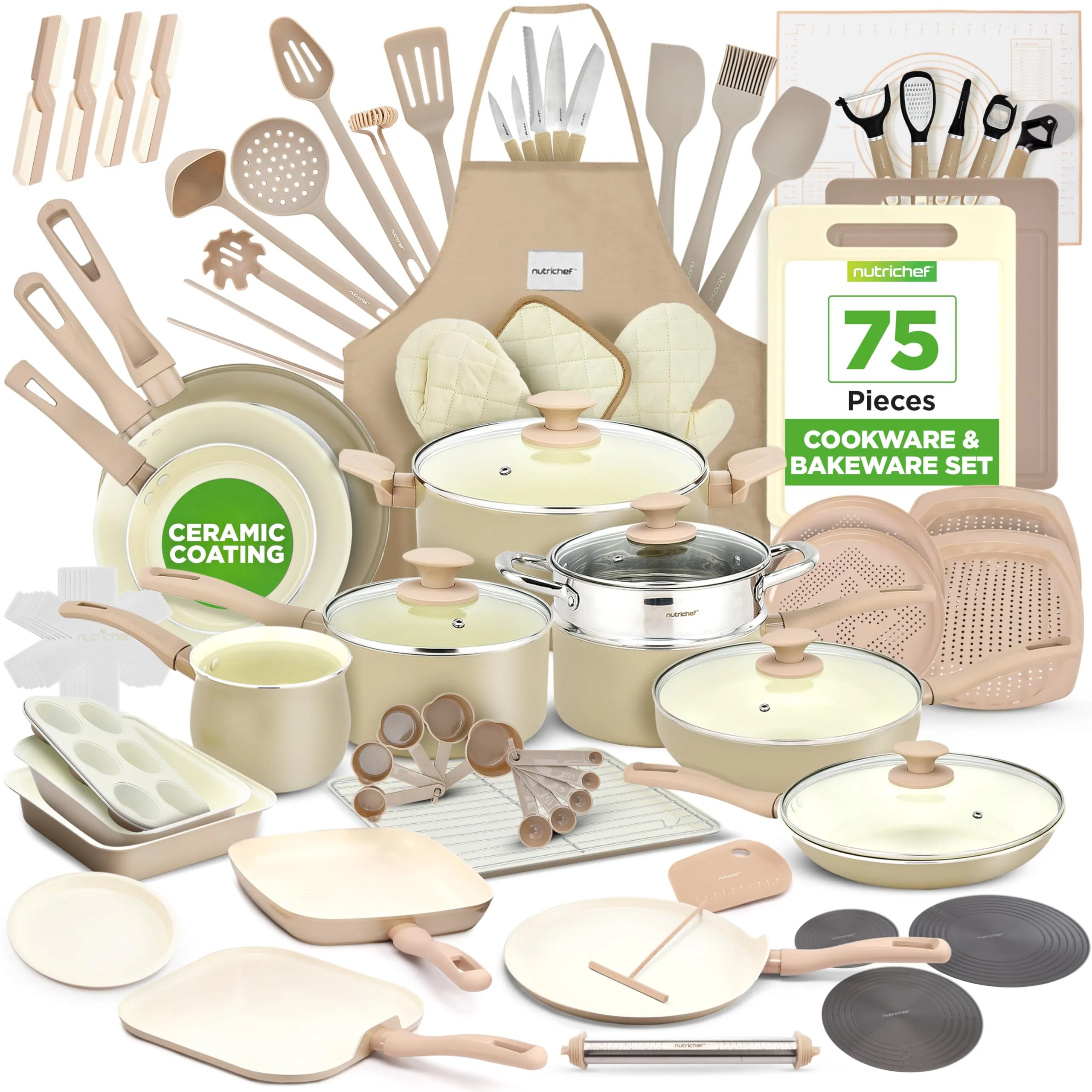 NutriChef 54 Piece Professional Grade Complete Home Kitchen Cookware Set, Ceramic Non-Stick Bakeware, Pots and Pans Kit, Safe for Induction Cooktops