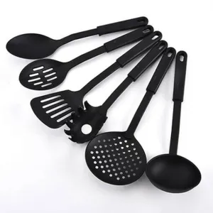 Nylon Ladle Kitchen Tool - Black Spoons for Non Stick Cookware Spatula, Turner, Ladle, Spaghetti Server, Slotted & Solid Spoon (Set of 6)