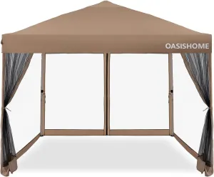 OASISHOME 10'x10' Pop-Up Gazebo Canopy Tent with Netting Sidewalls & Wheeled Bag,Weight Bag, Stakes, Ropes, Waterproof, UV Protection, Heavy-Duty Steel Frame for Backyard/Outdoor/Parties (Khaki)
