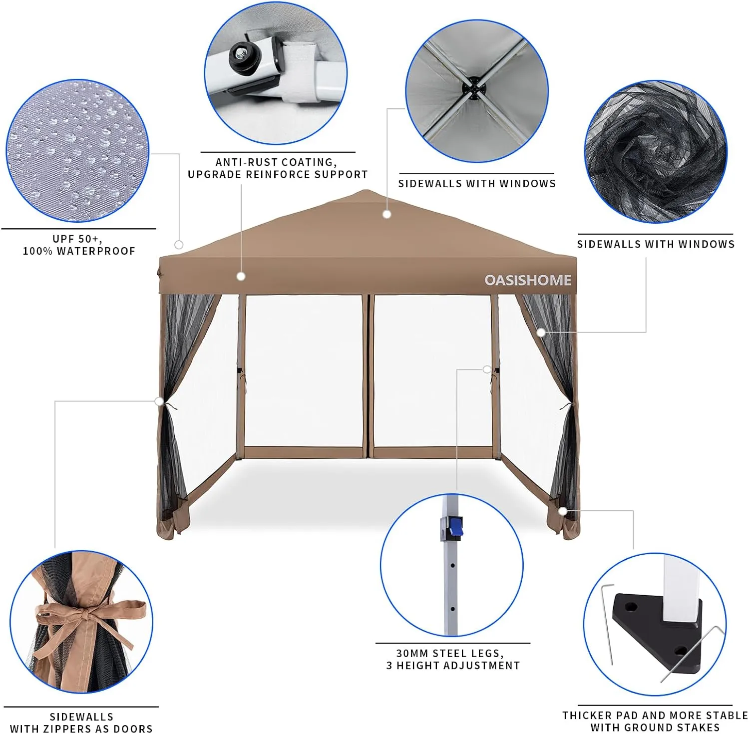 OASISHOME 10'x10' Pop-Up Gazebo Canopy Tent with Netting Sidewalls & Wheeled Bag,Weight Bag, Stakes, Ropes, Waterproof, UV Protection, Heavy-Duty Steel Frame for Backyard/Outdoor/Parties (Khaki)