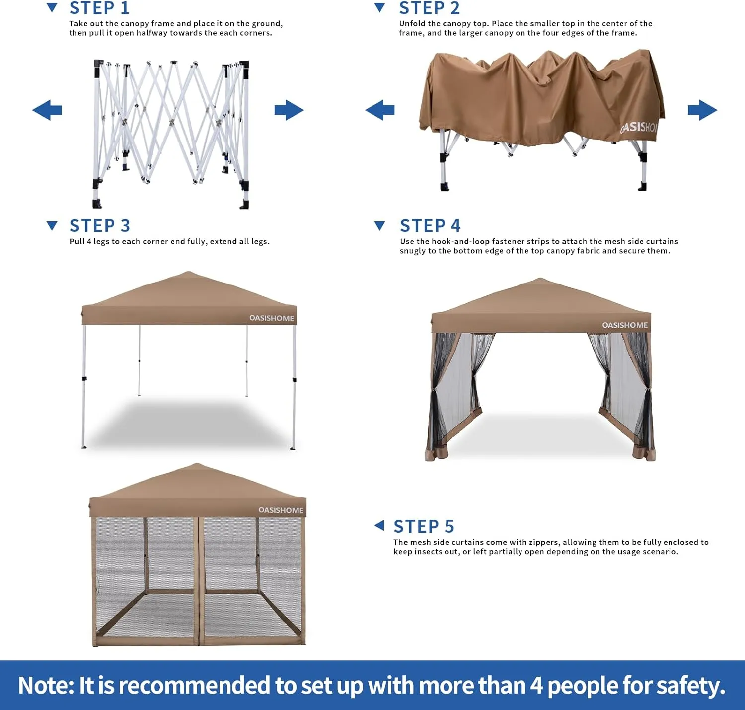 OASISHOME 10'x10' Pop-Up Gazebo Canopy Tent with Netting Sidewalls & Wheeled Bag,Weight Bag, Stakes, Ropes, Waterproof, UV Protection, Heavy-Duty Steel Frame for Backyard/Outdoor/Parties (Khaki)