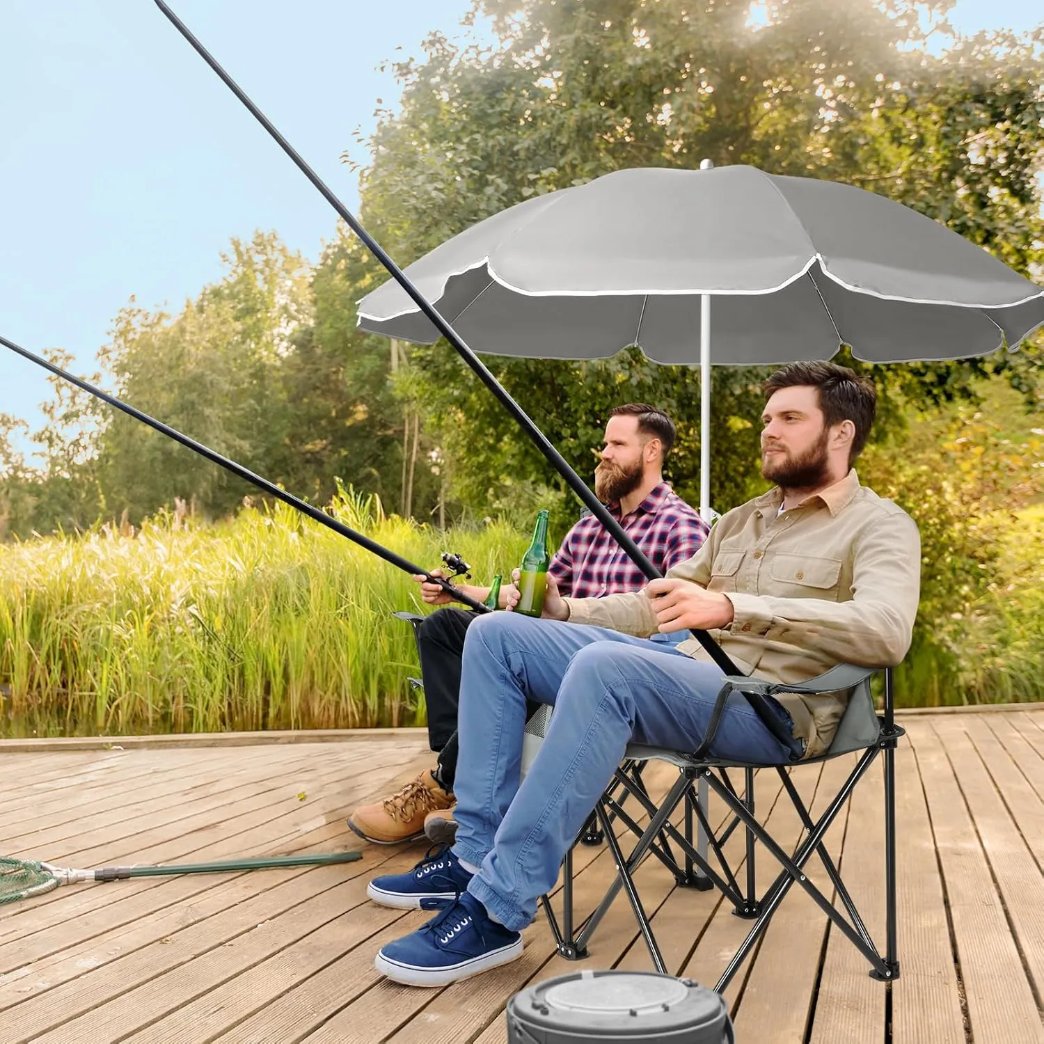 Ochine Double Camping Chair with Umbrella, Folding Loveseat Chairs with Canopy Shade, Table Beverage Holder and Storage Bag, Double Rocker Chair Outdoor for Camping, Beach, Picnic