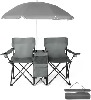 Ochine Double Camping Chair with Umbrella, Folding Loveseat Chairs with Canopy Shade, Table Beverage Holder and Storage Bag, Double Rocker Chair Outdoor for Camping, Beach, Picnic