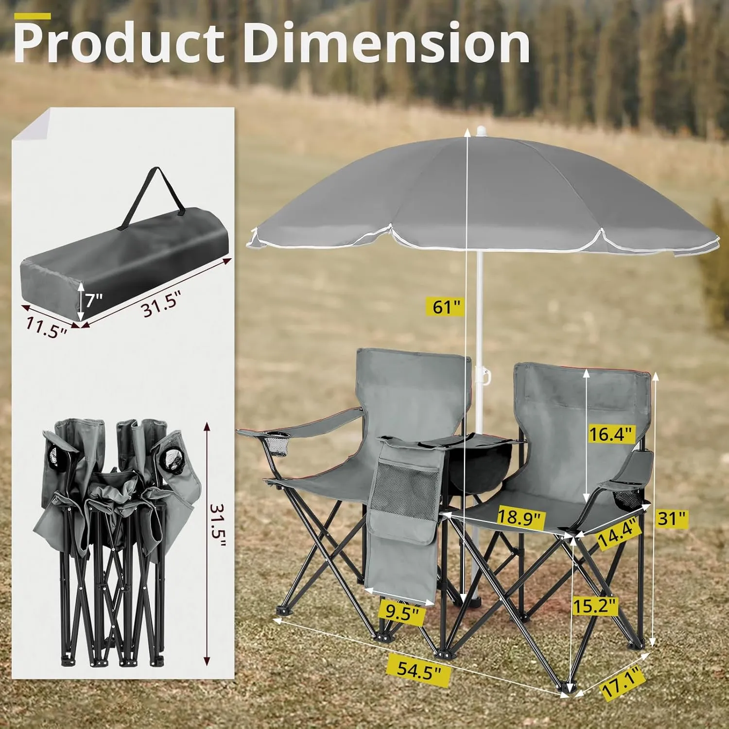 Ochine Double Camping Chair with Umbrella, Folding Loveseat Chairs with Canopy Shade, Table Beverage Holder and Storage Bag, Double Rocker Chair Outdoor for Camping, Beach, Picnic