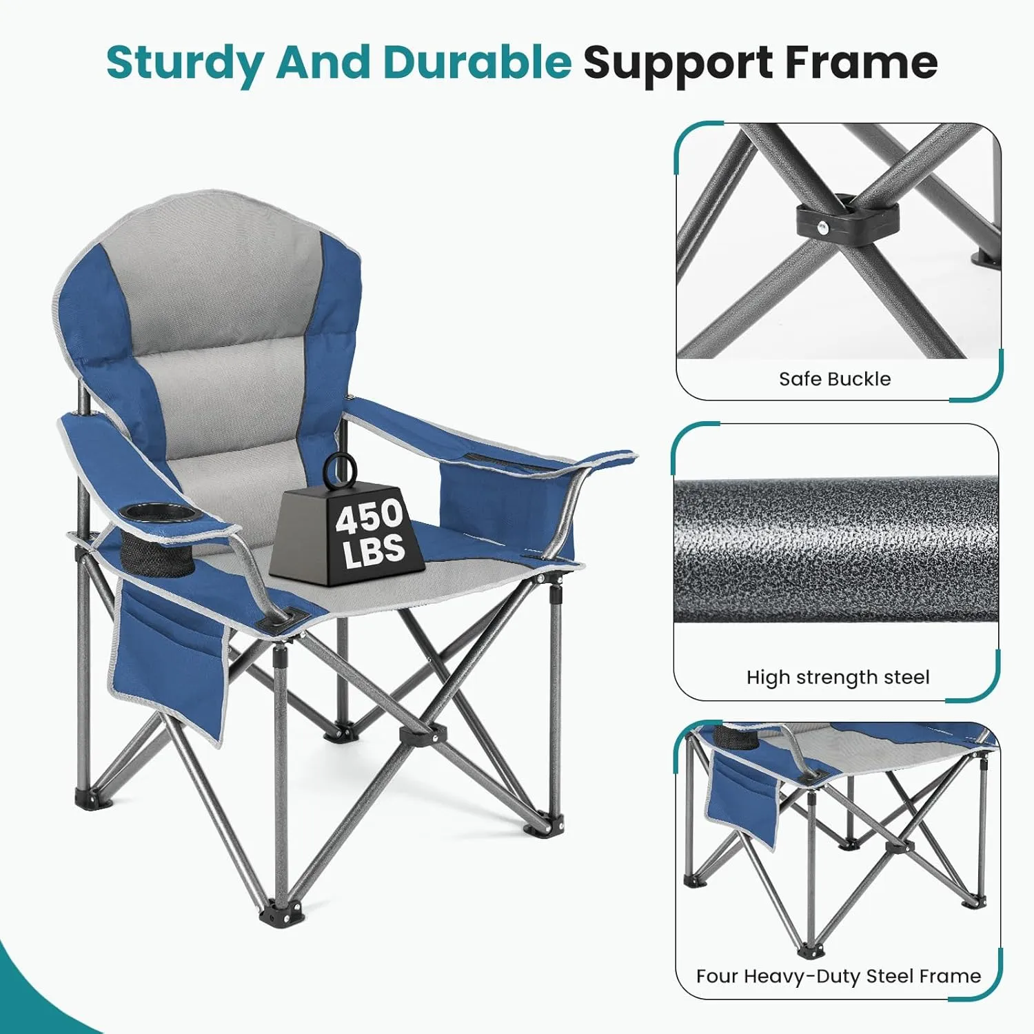 OLIXIS Heavy Duty Camping Chairs 450lbs Capacity Portable Folding Chair with Cup Holder and Cooler Bag,Sturdy Steel Frame Outdoor Chair for Backyard,Beach,Fishing