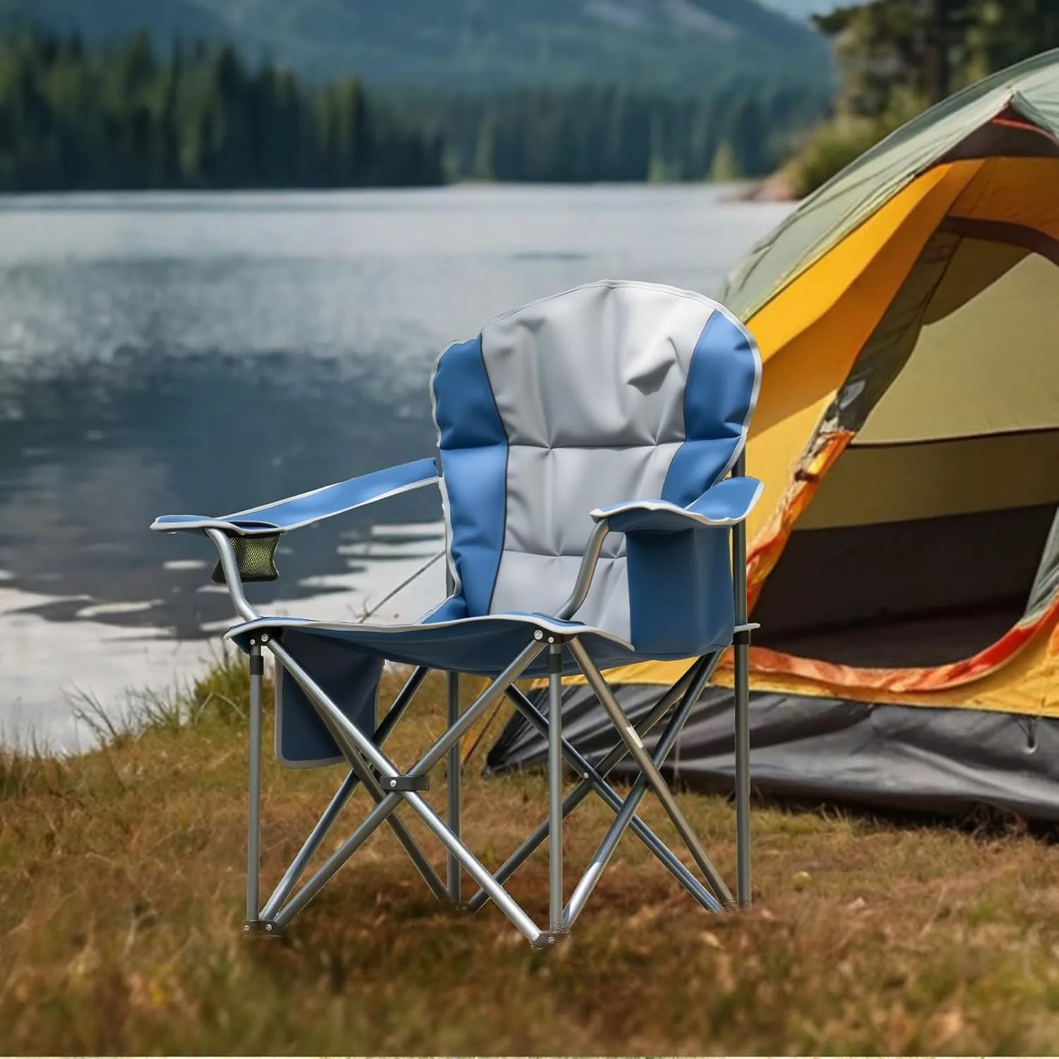 OLIXIS Heavy Duty Camping Chairs 450lbs Capacity Portable Folding Chair with Cup Holder and Cooler Bag,Sturdy Steel Frame Outdoor Chair for Backyard,Beach,Fishing