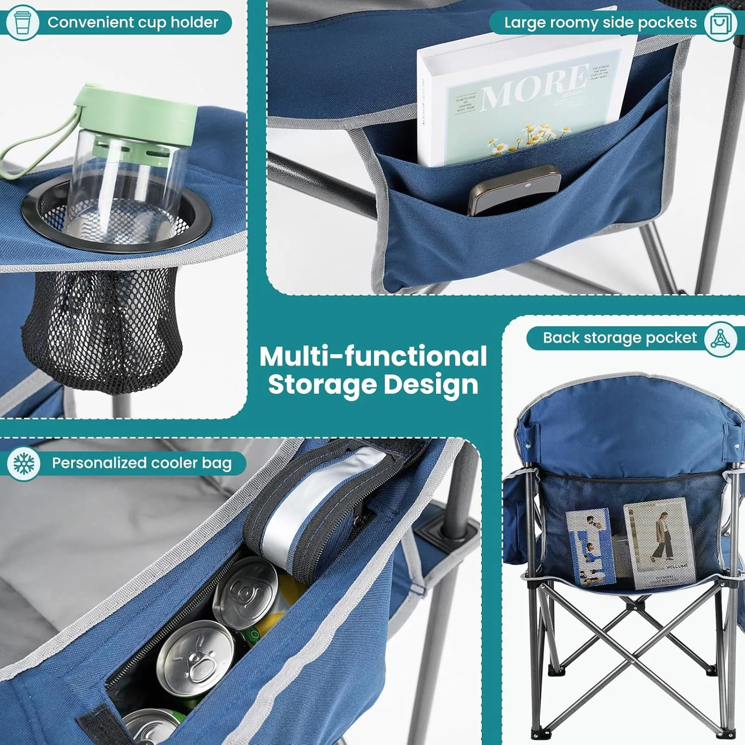 OLIXIS Heavy Duty Camping Chairs 450lbs Capacity Portable Folding Chair with Cup Holder and Cooler Bag,Sturdy Steel Frame Outdoor Chair for Backyard,Beach,Fishing
