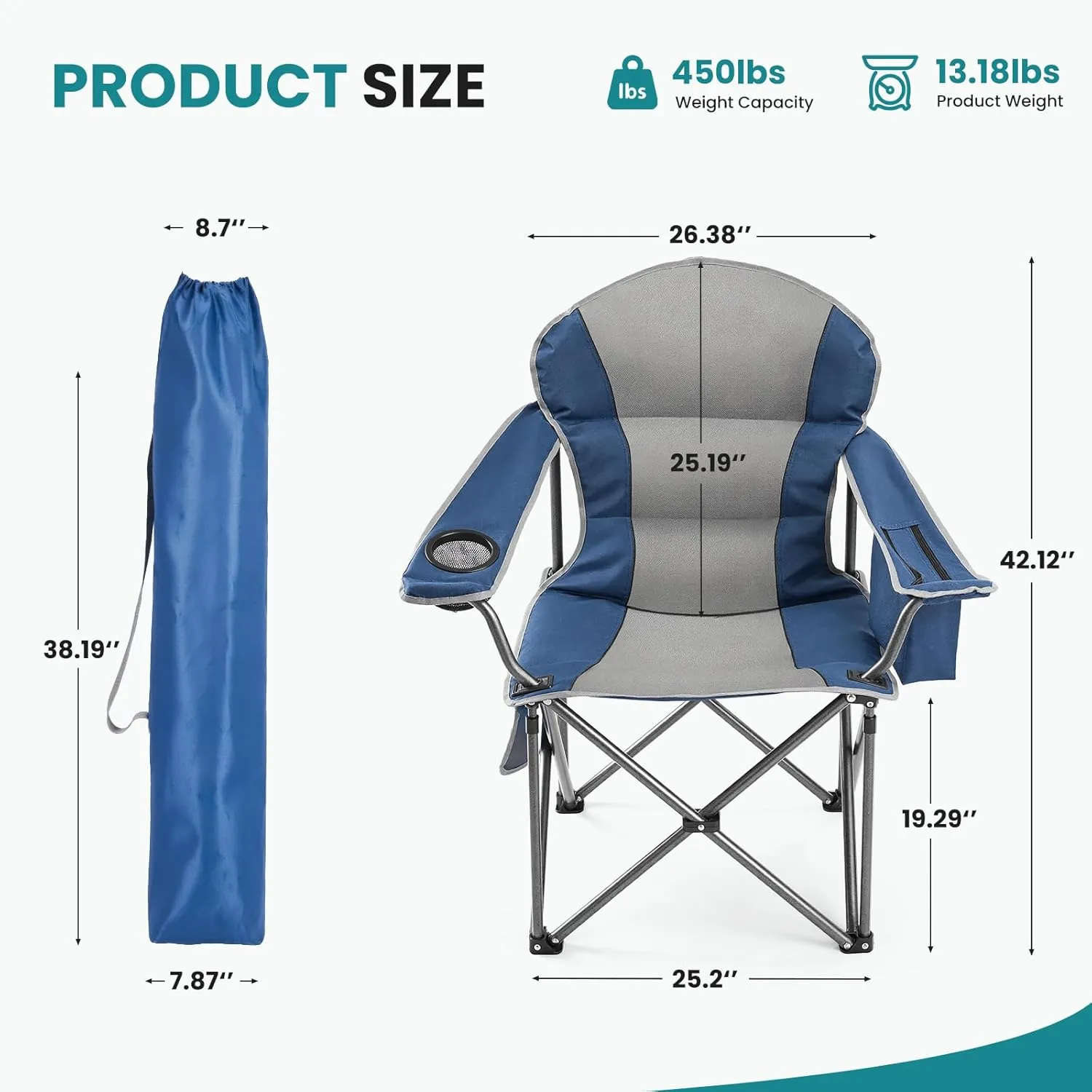 OLIXIS Heavy Duty Camping Chairs 450lbs Capacity Portable Folding Chair with Cup Holder and Cooler Bag,Sturdy Steel Frame Outdoor Chair for Backyard,Beach,Fishing