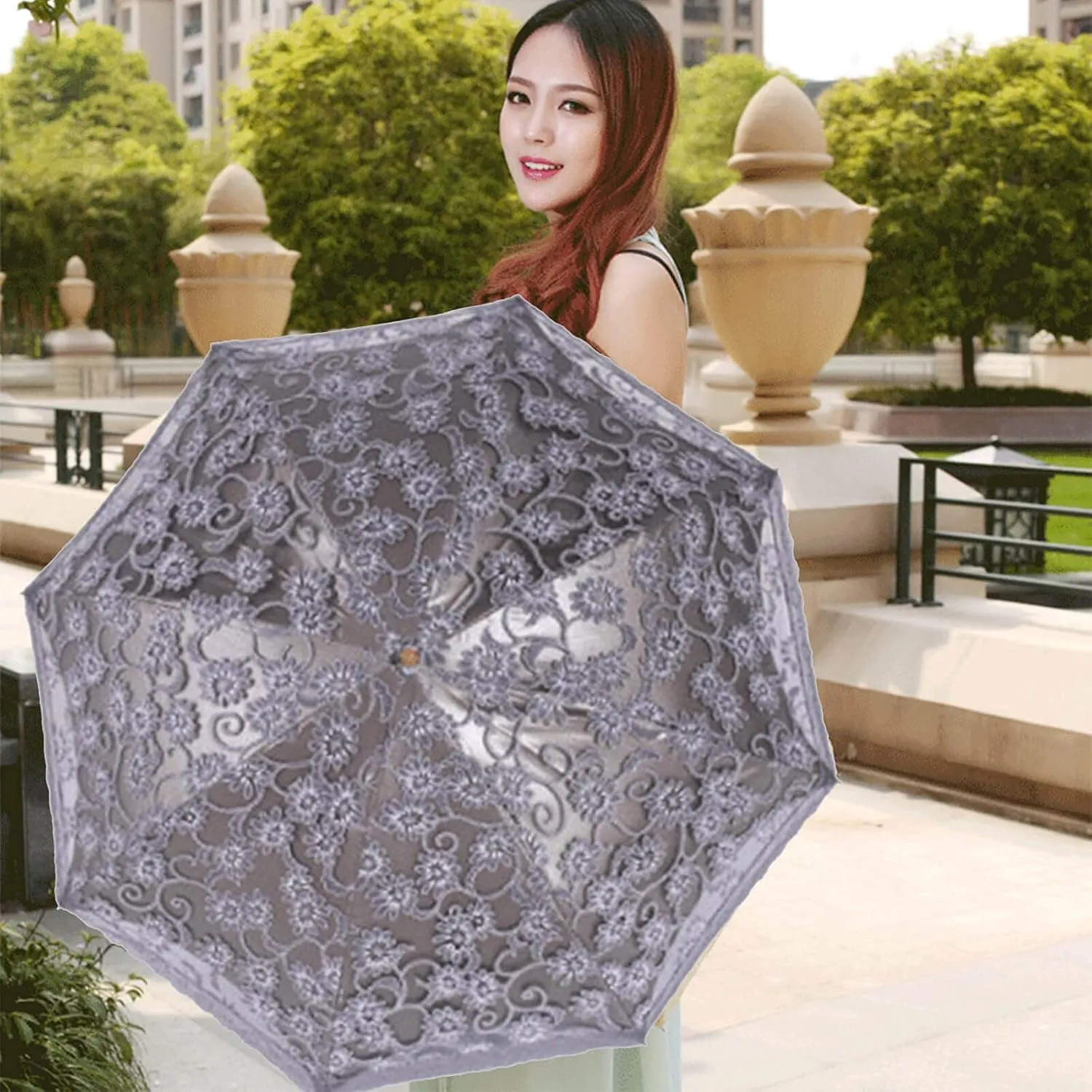 Orgrimmar Ladies Lace Parasol Umbrella Anti-UV Protection Sun Shade UPF 50  Lightweight and Portable Folding Umbrella (Black)
