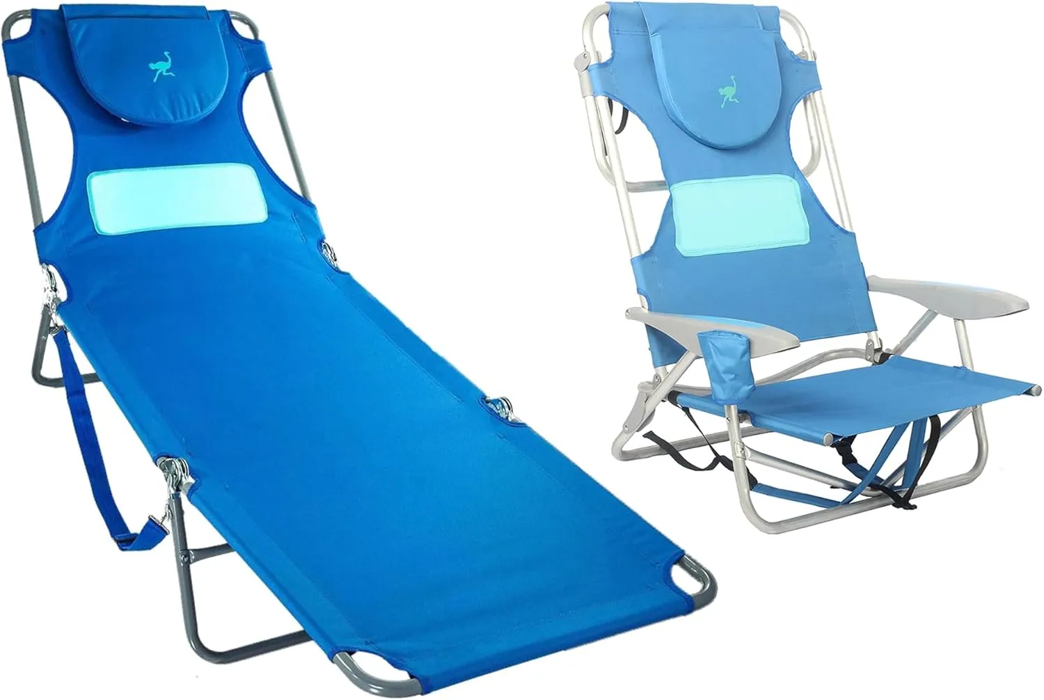 Ostrich Ladies Comfort Lounger Sunbathing Chaise Lounge Beach Chair and Outdoor On-Your-Back 5-Position Backpack Beach Chair, Blue