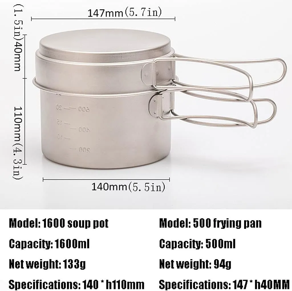 Outdoor Camping Camping Cookware Kit Lightweight Soup Pot Portable Frying Pan Pure Titanium Camping Cooker Set Outdoor Cookware Set Adventures Picnics (Onecolor 2100ml)