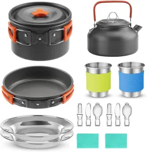Outdoor Camping Cookware Kit,Camp Cooking Utensil Set with Base,Food Grade Free Non-Stick Design Large Size Hanging Pot Pan Kettle Camping Gadgets Outdoor Hiking Travel Cook Set Orange