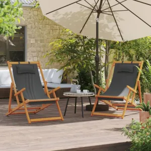 Outdoor Chairs Folding Beach Chairs 2 pcs Gray Fabric,Reclining Eucalyptus Wood Folding Beach Chair, Durable and Adjustable for Patio and Camping Outdoor Seating, Outdoor Furniture