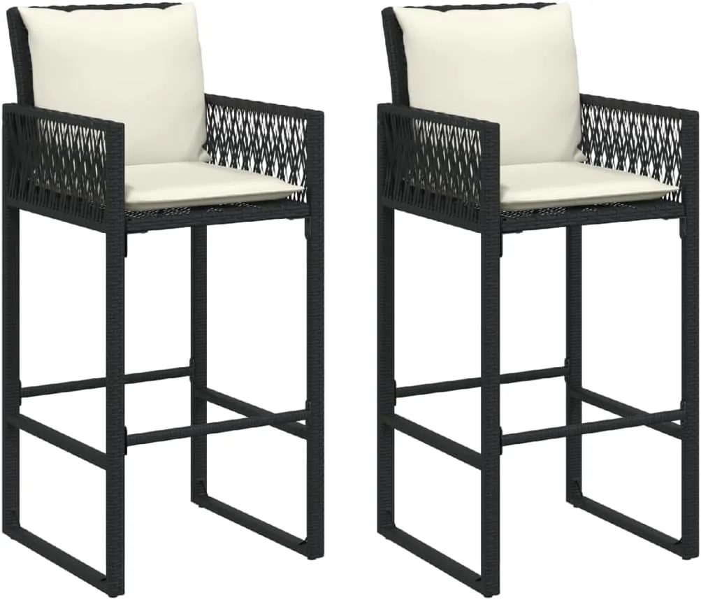 Outdoor Dining Chairs Beach Chair Camping Chairs Kitchen Chairs - Patio Bar Stools with Cushions 2 pcs Black Poly Rattan for Terrace Garden Outside Campsites