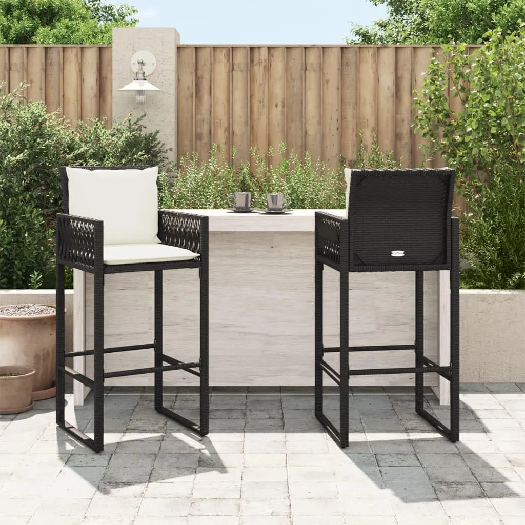 Outdoor Dining Chairs Beach Chair Camping Chairs Kitchen Chairs - Patio Bar Stools with Cushions 2 pcs Black Poly Rattan for Terrace Garden Outside Campsites
