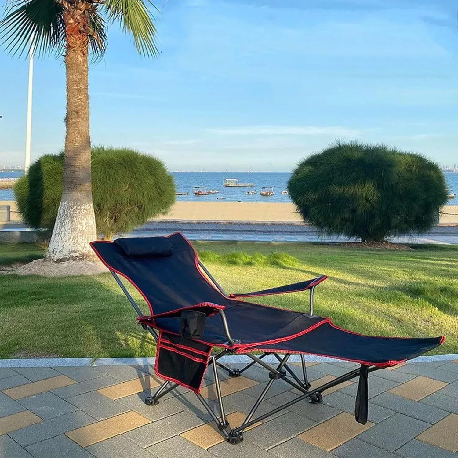 Outdoor foldable camping recliner with foot rest, multifunctional office lunch break leisure back recliner, portable outdoor beach chair with pillow, suitable for office, garden, camping,swimming pool
