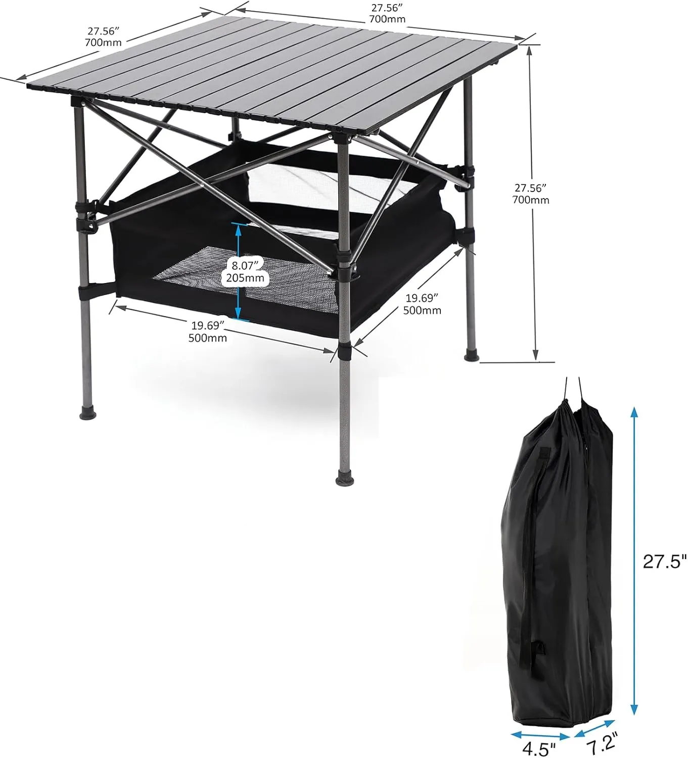 Outdoor Folding Table with Carrying Bag, Folding Camping Table, Lightweight Aluminum Roll-up Square Table for Indoor, Outdoor, Camping, Backyard, BBQ, Party, Patio, Beach, Picnic, Black