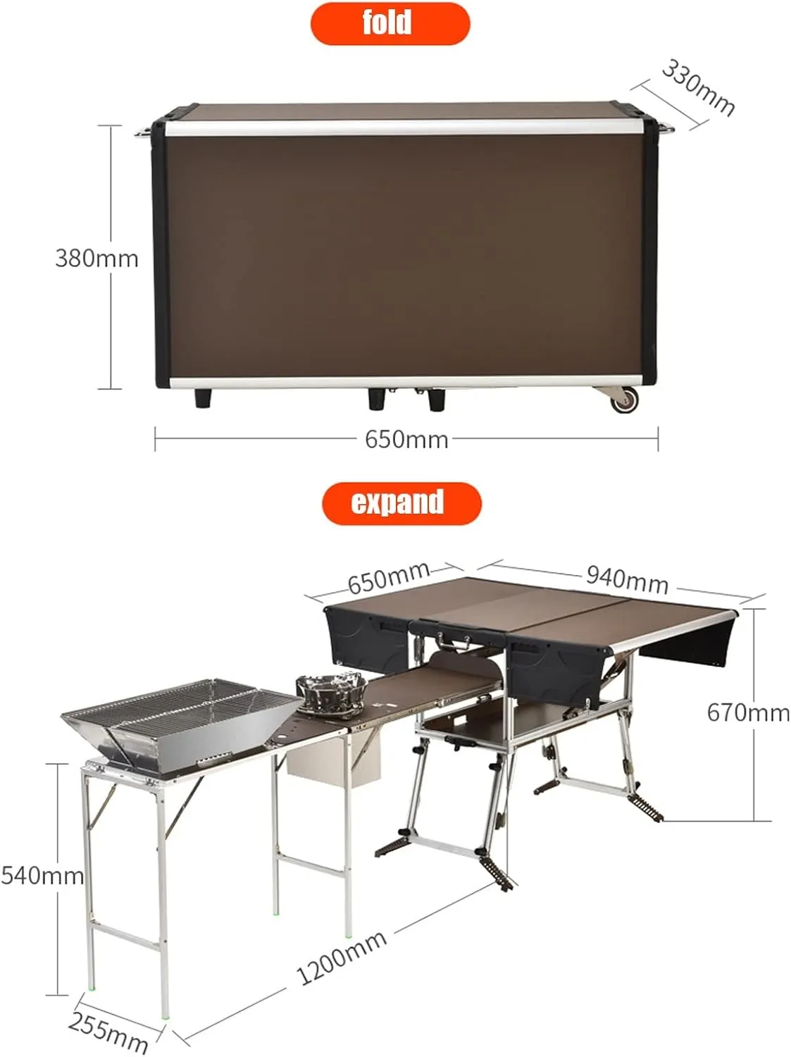 Outdoor Master Cook Station Aluminum Camping Table,Easy Carry Picnic Folding Table with kitchenware and Stove for RV BBQ Cooking Outdoor (Color : Package 1)