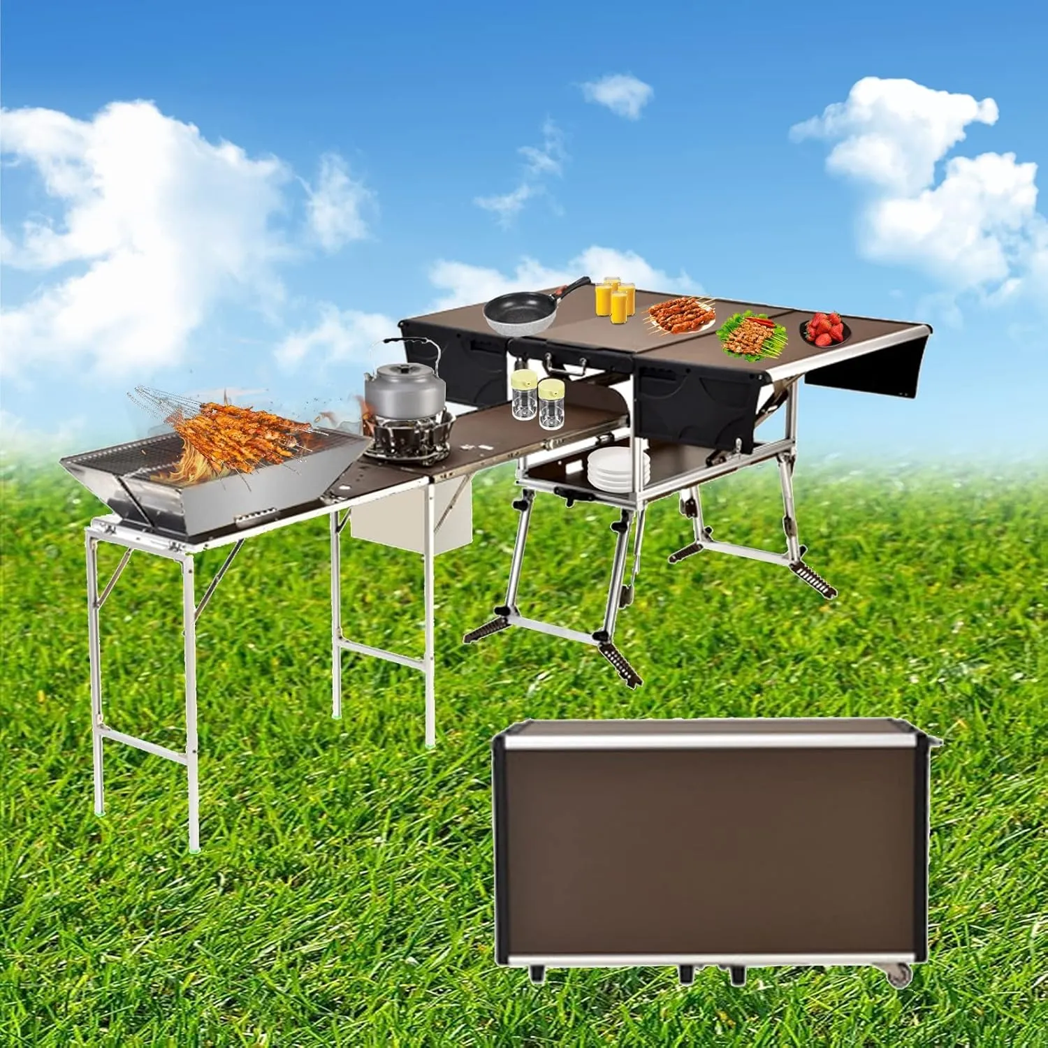 Outdoor Master Cook Station Aluminum Camping Table,Easy Carry Picnic Folding Table with kitchenware and Stove for RV BBQ Cooking Outdoor (Color : Package 1)