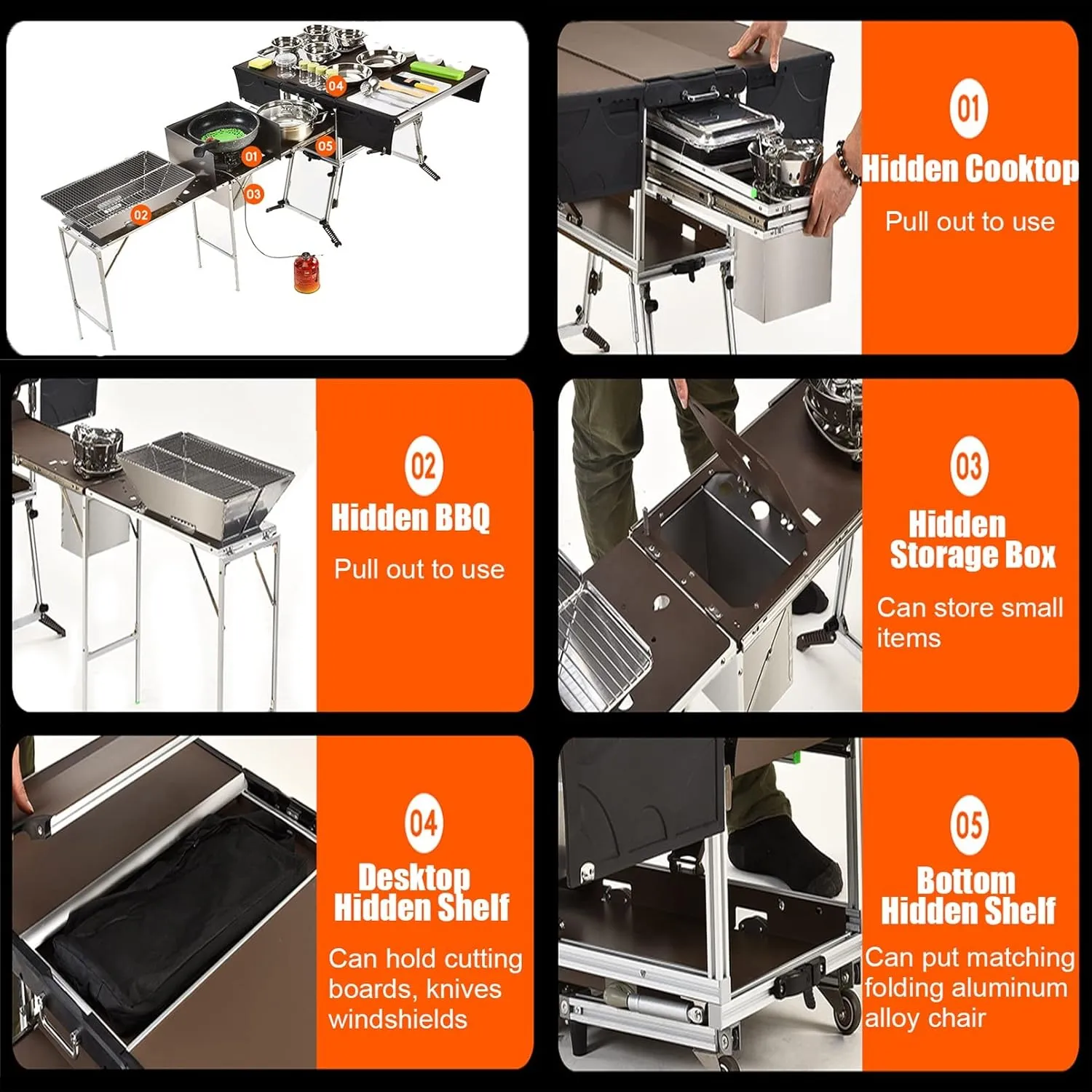 Outdoor Master Cook Station Aluminum Camping Table,Easy Carry Picnic Folding Table with kitchenware and Stove for RV BBQ Cooking Outdoor (Color : Package 1)