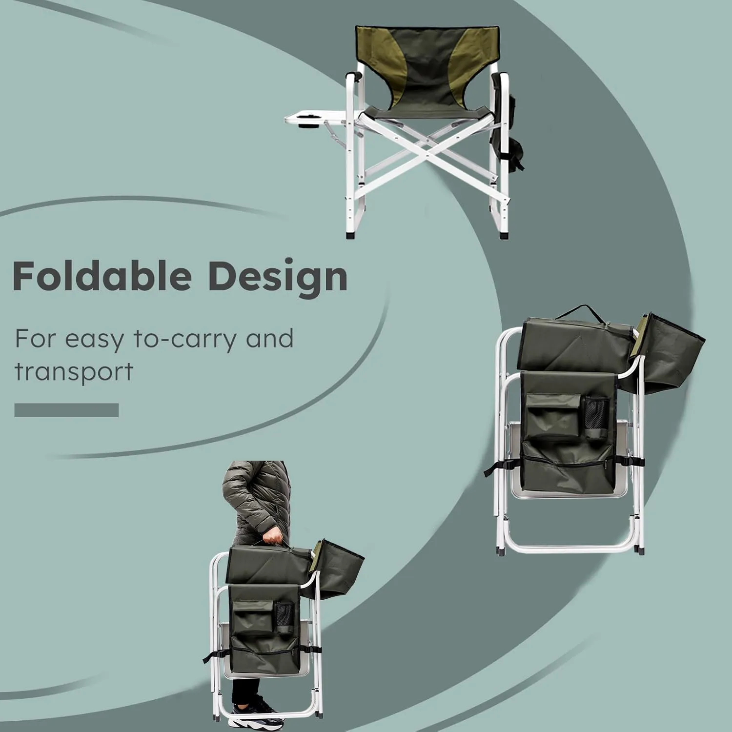 Outdoor Padded Folding Chair with Side Table and Storage Pockets, Lightweight Oversized Portable Camping Seating, Portable Folding Camping Chair for Outdoor Camping, Picnics and Fishing (1, Green)