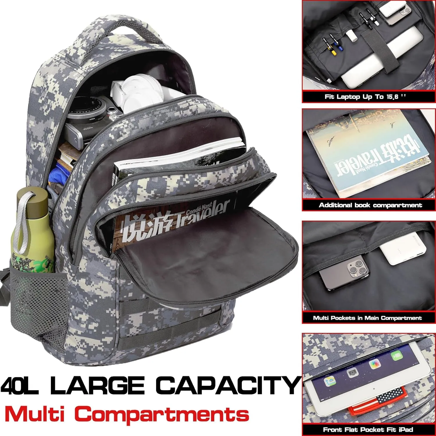 outdoor plus Camo Backpack,Military Boys Backpacks for School,Army Bookbag with USB Charging Port,30l/40L
