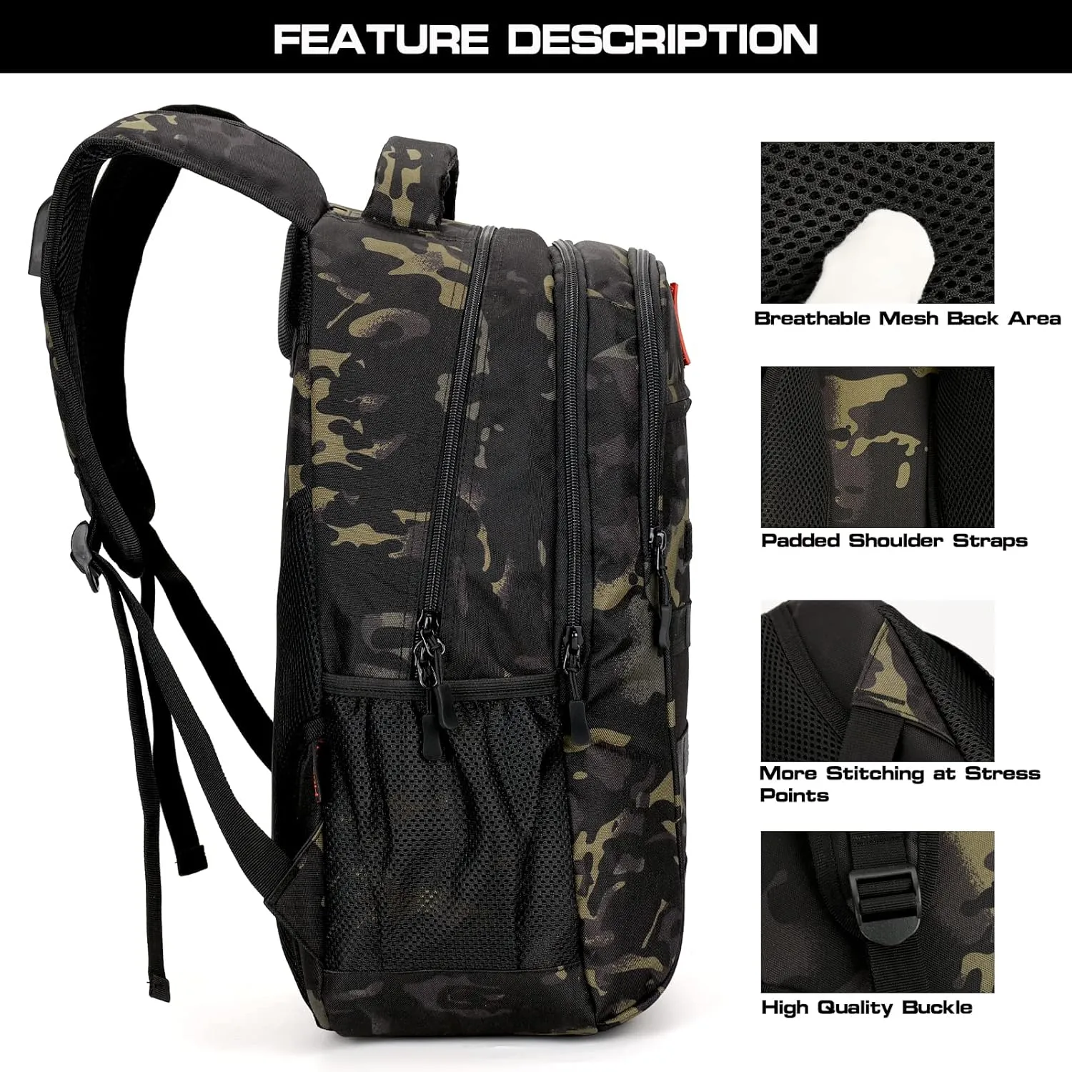 outdoor plus Camo Backpack,Military Boys Backpacks for School,Army Bookbag with USB Charging Port,30l/40L