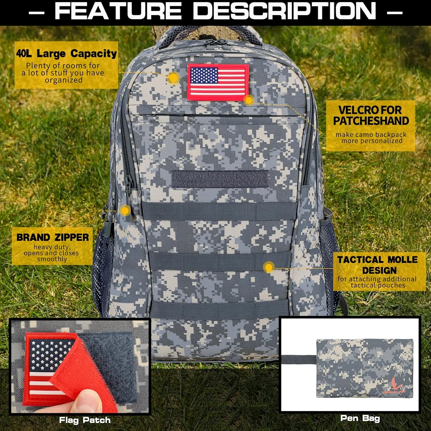 outdoor plus Camo Backpack,Military Boys Backpacks for School,Army Bookbag with USB Charging Port,30l/40L