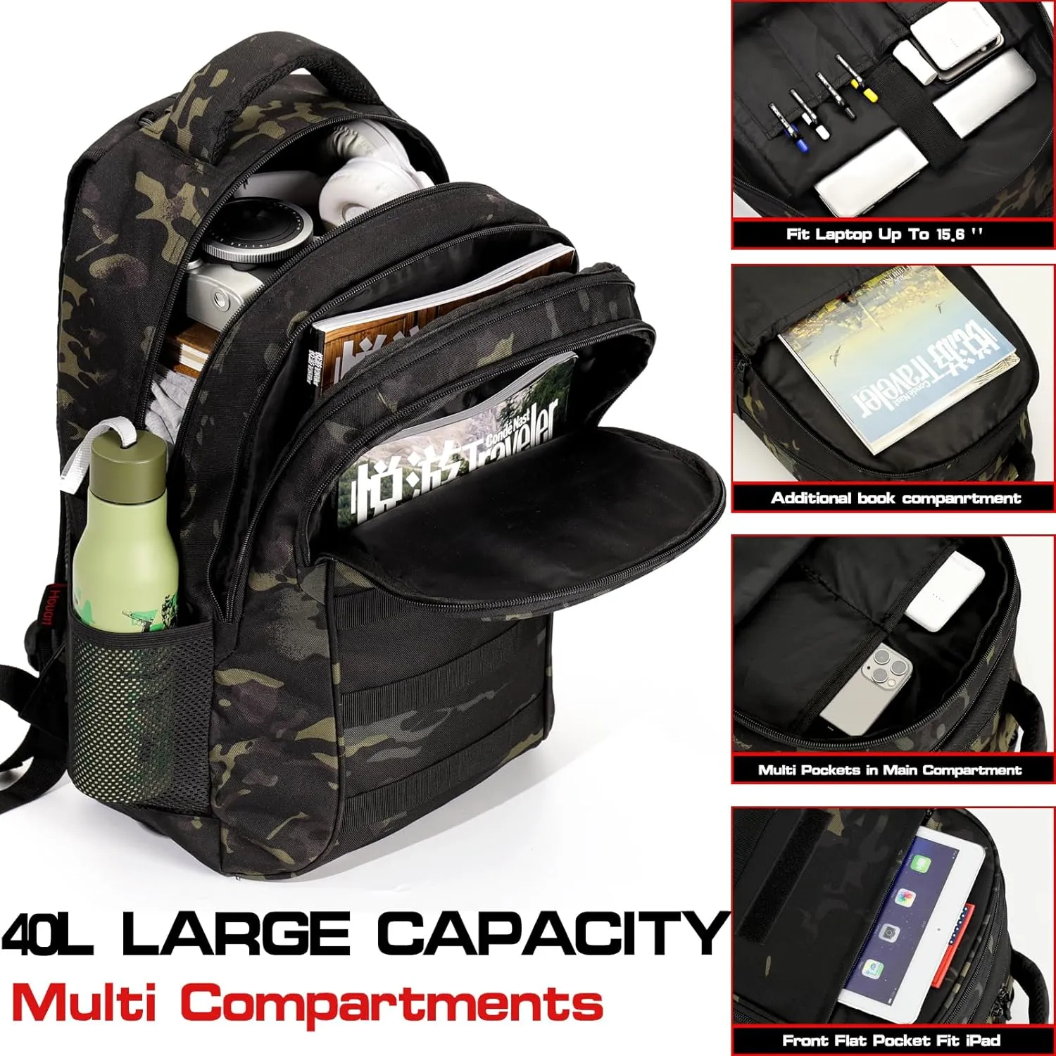 outdoor plus Camo Backpack,Military Boys Backpacks for School,Army Bookbag with USB Charging Port,30l/40L