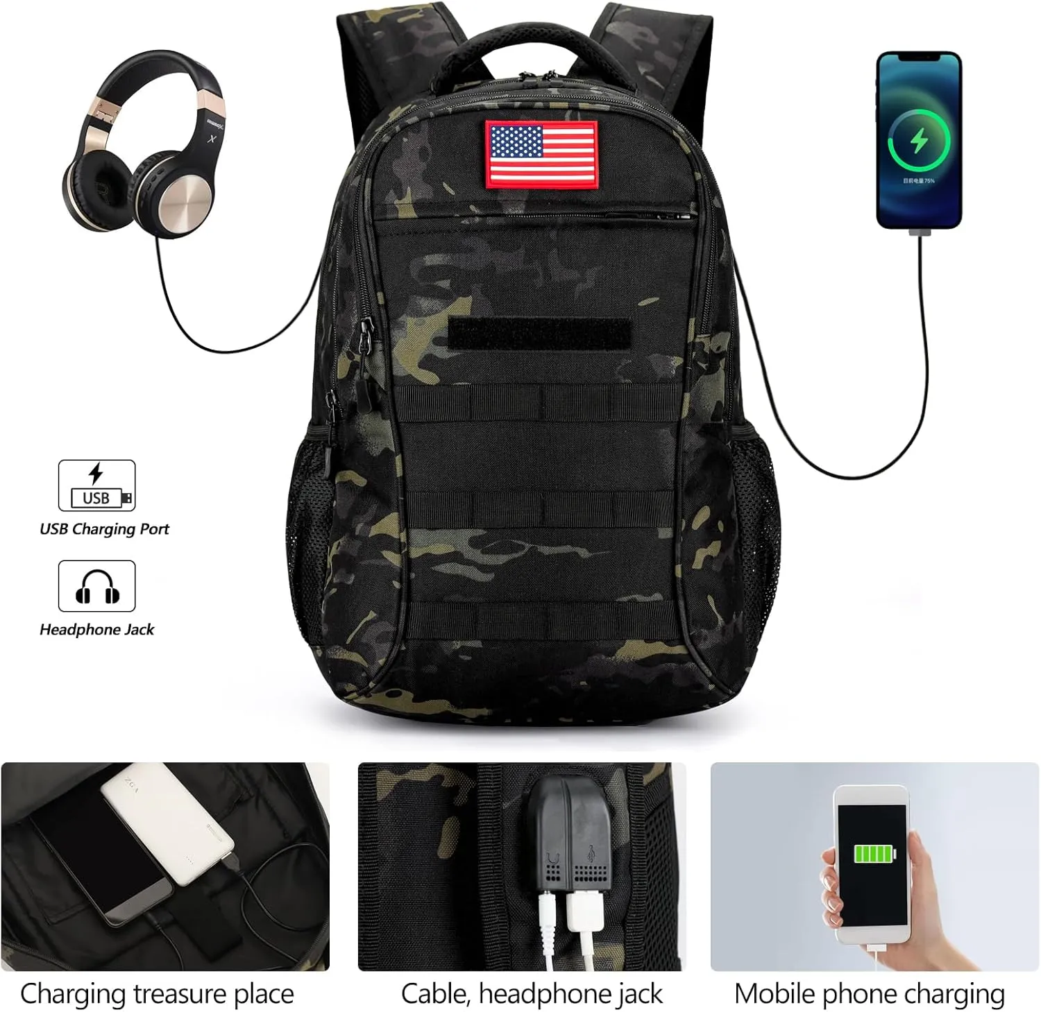 outdoor plus Camo Backpack,Military Boys Backpacks for School,Army Bookbag with USB Charging Port,30l/40L