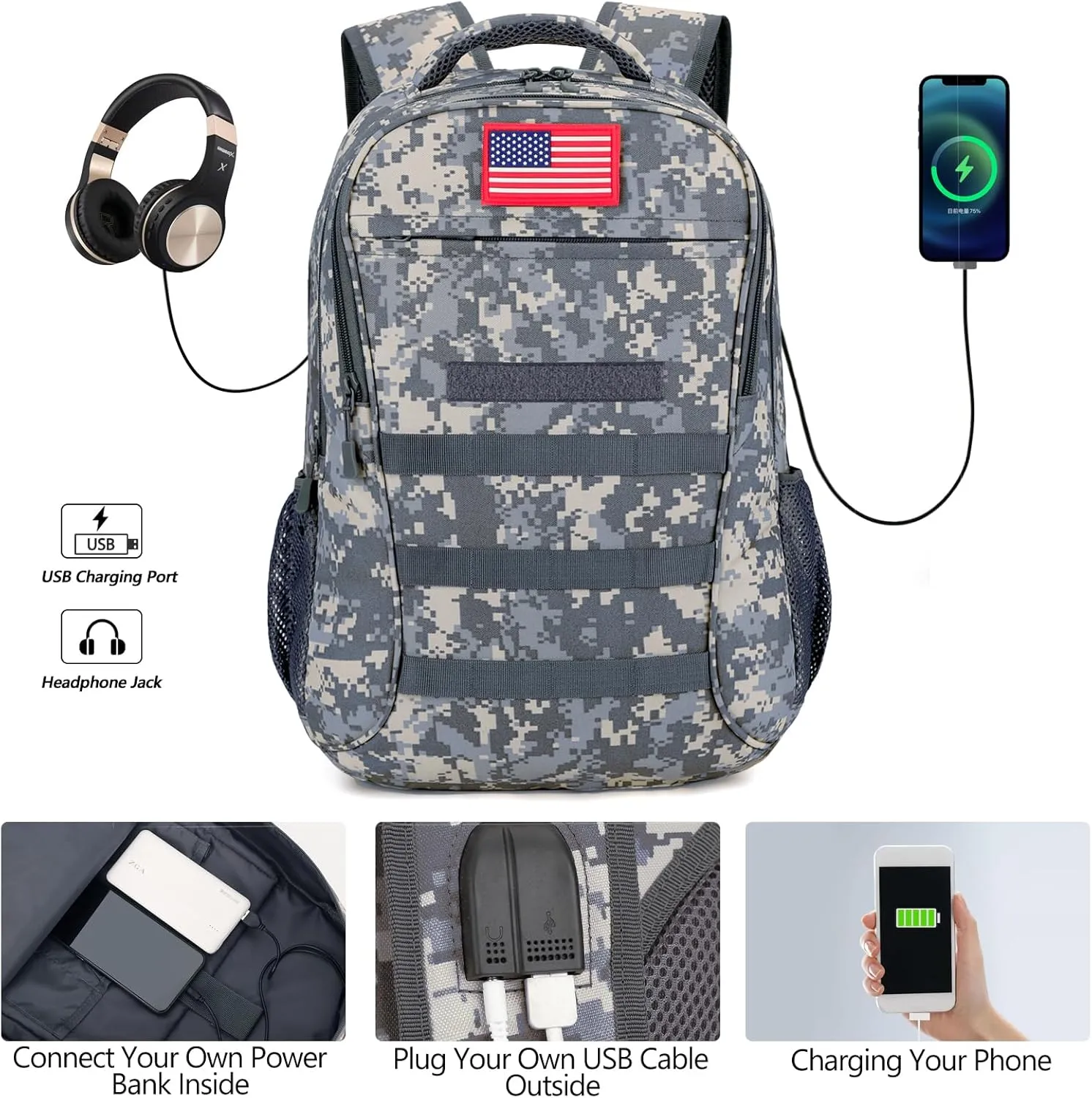 outdoor plus Camo Backpack,Military Boys Backpacks for School,Army Bookbag with USB Charging Port,30l/40L