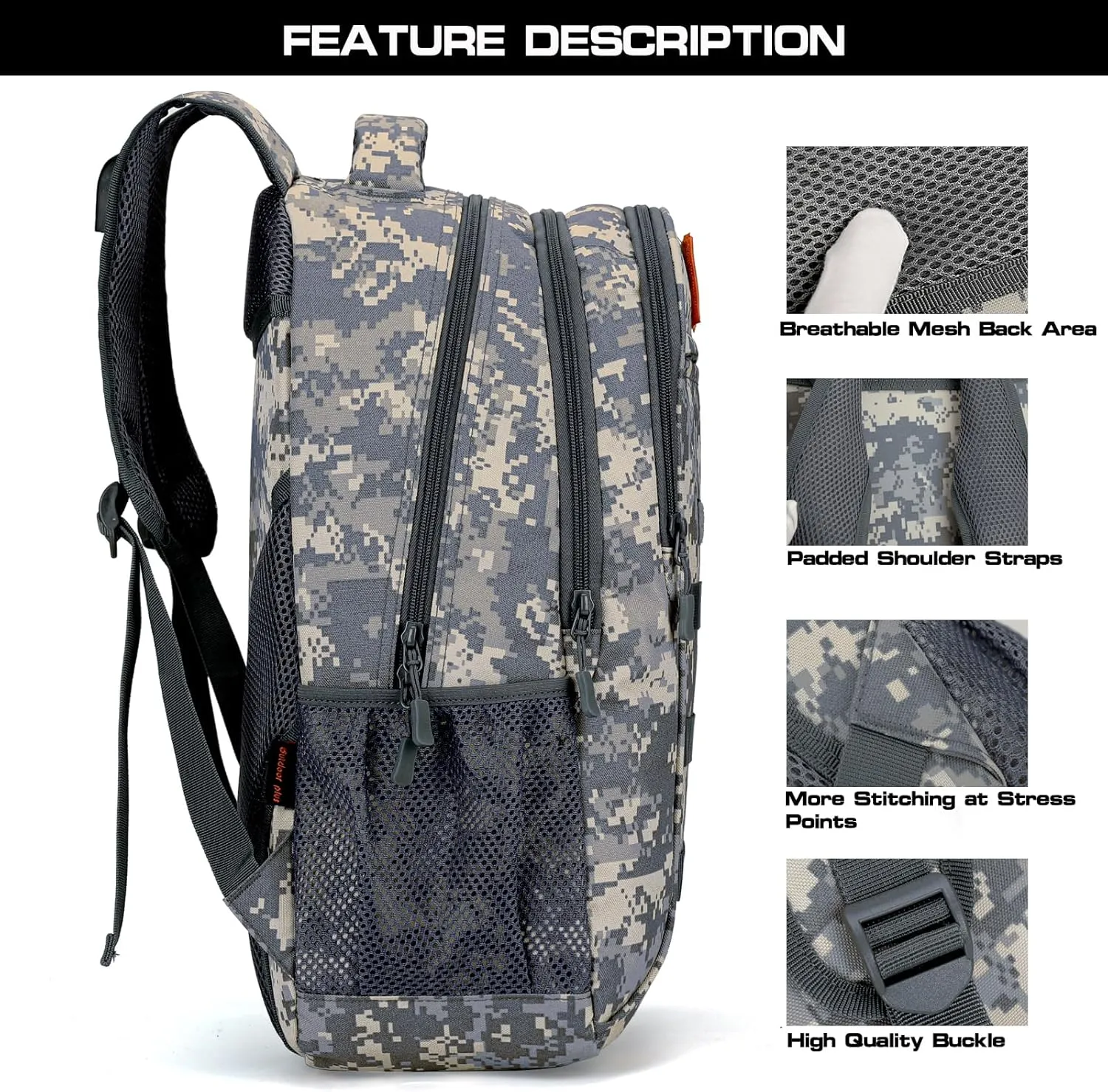 outdoor plus Camo Backpack,Military Boys Backpacks for School,Army Bookbag with USB Charging Port,30l/40L