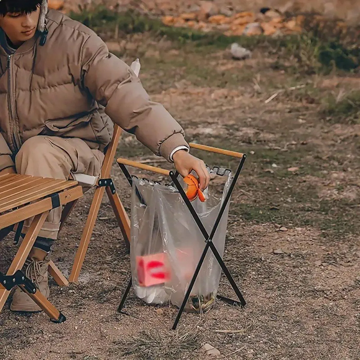 Outdoor Portable Wooden Folding Garbage Rack Picnic Barbecue Plastic Bag Holder