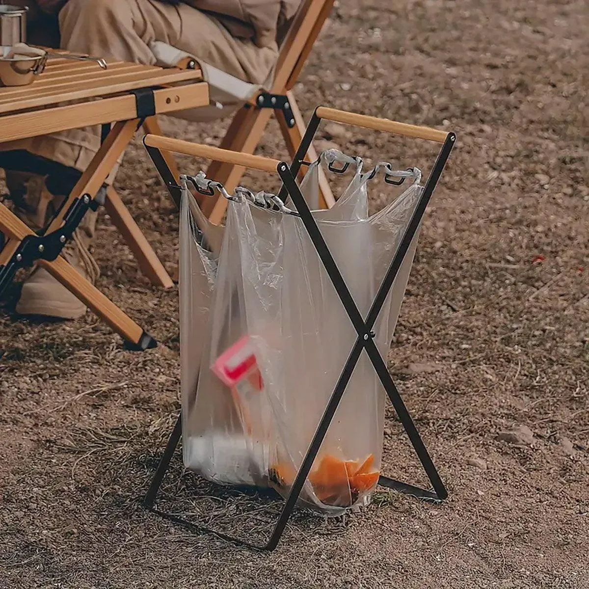 Outdoor Portable Wooden Folding Garbage Rack Picnic Barbecue Plastic Bag Holder