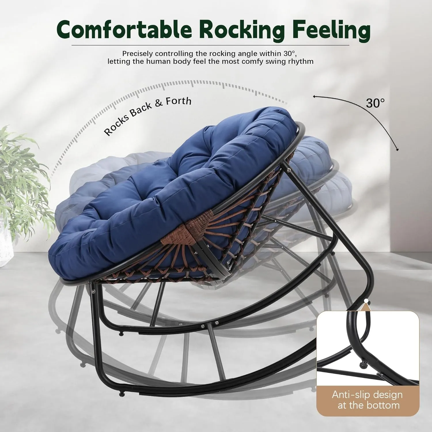 Outdoor Round Rocking Chair, Patio Wicker Egg Chair, Comfy Oversized Papasan Chair with Navy Blue Padded Cushion Black Frame, Royal Rattan Rocker for Living Room, Front Porch, Patio