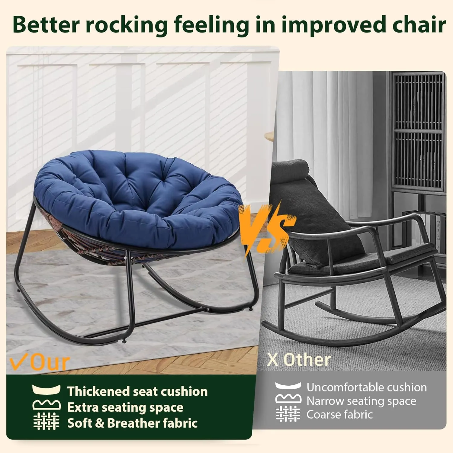 Outdoor Round Rocking Chair, Patio Wicker Egg Chair, Comfy Oversized Papasan Chair with Navy Blue Padded Cushion Black Frame, Royal Rattan Rocker for Living Room, Front Porch, Patio