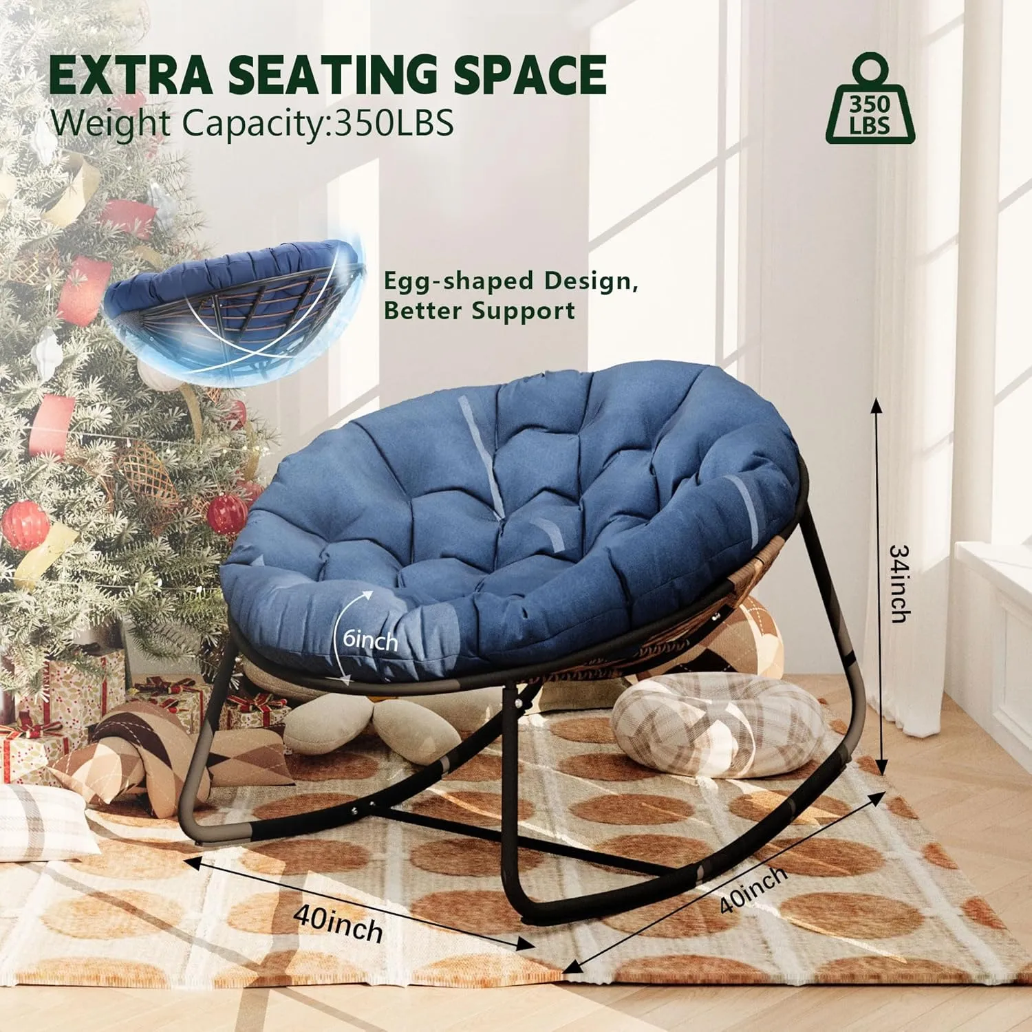 Outdoor Round Rocking Chair, Patio Wicker Egg Chair, Comfy Oversized Papasan Chair with Navy Blue Padded Cushion Black Frame, Royal Rattan Rocker for Living Room, Front Porch, Patio