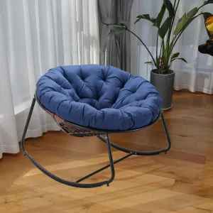 Outdoor Round Rocking Chair, Patio Wicker Egg Chair, Comfy Oversized Papasan Chair with Navy Blue Padded Cushion Black Frame, Royal Rattan Rocker for Living Room, Front Porch, Patio