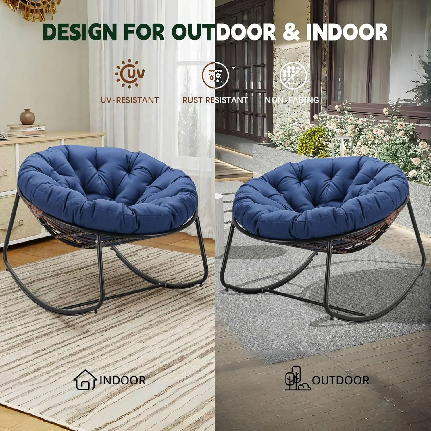 Outdoor Round Rocking Chair, Patio Wicker Egg Chair, Comfy Oversized Papasan Chair with Navy Blue Padded Cushion Black Frame, Royal Rattan Rocker for Living Room, Front Porch, Patio