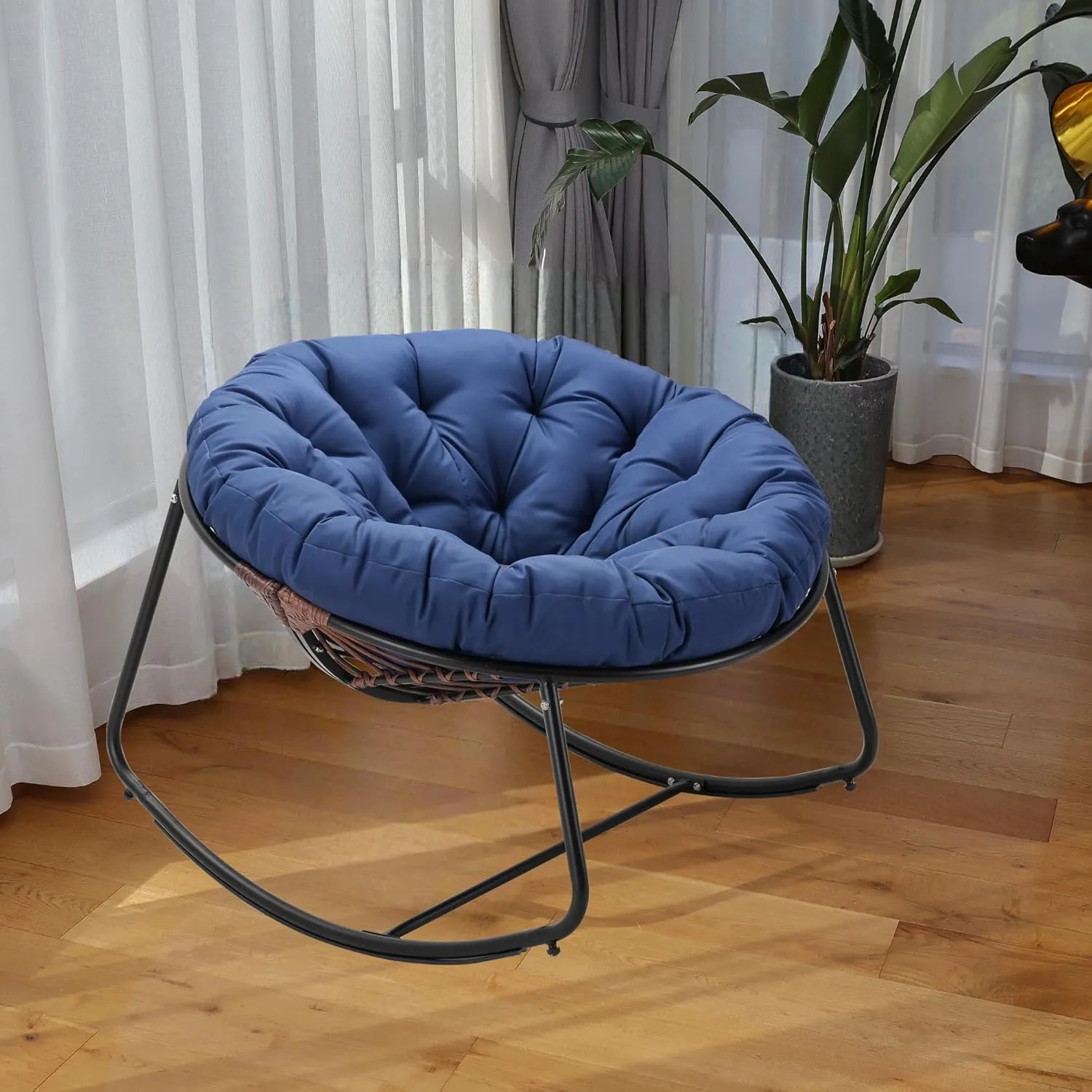 Outdoor Round Rocking Chair, Patio Wicker Egg Chair, Comfy Oversized Papasan Chair with Navy Blue Padded Cushion Black Frame, Royal Rattan Rocker for Living Room, Front Porch, Patio