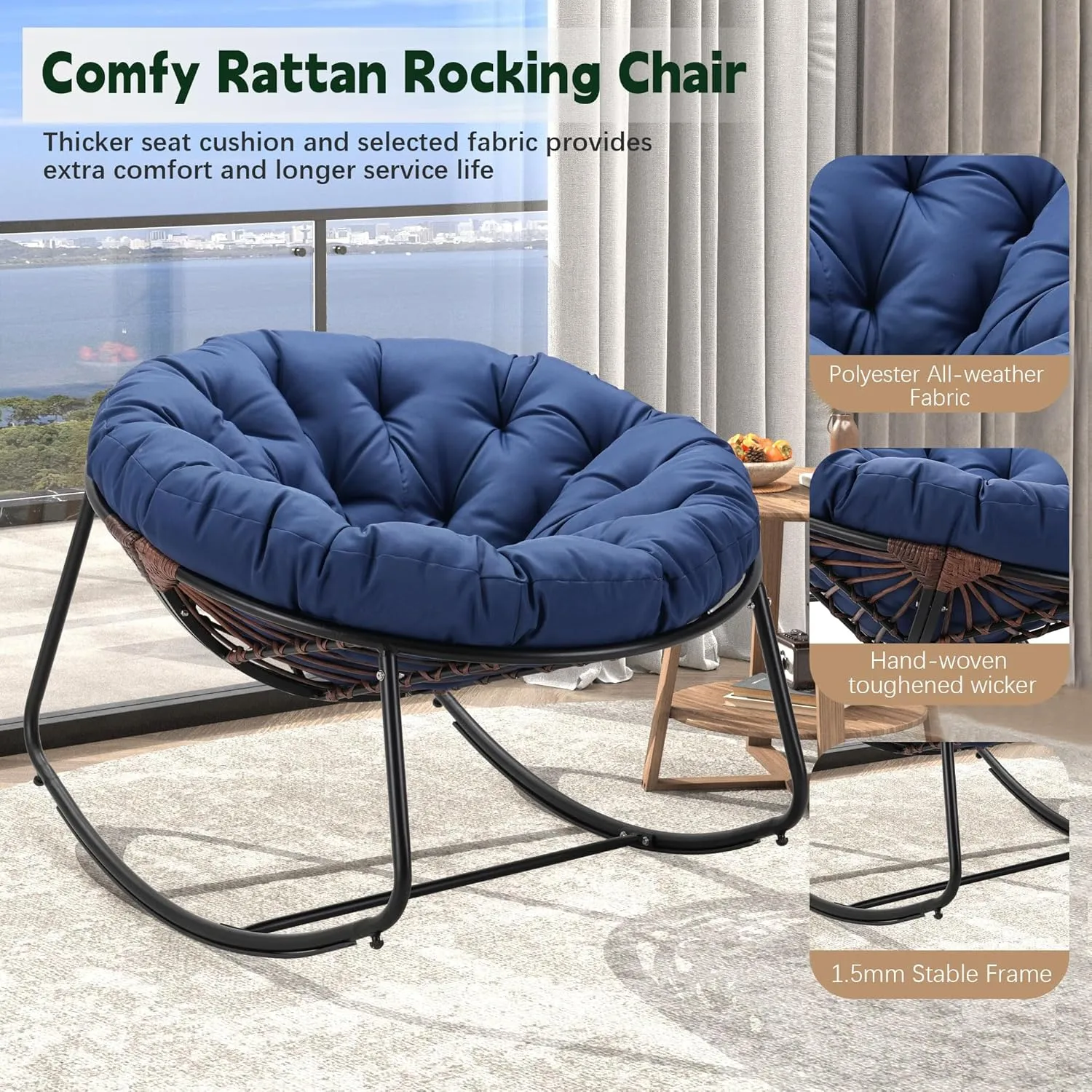 Outdoor Round Rocking Chair, Patio Wicker Egg Chair, Comfy Oversized Papasan Chair with Navy Blue Padded Cushion Black Frame, Royal Rattan Rocker for Living Room, Front Porch, Patio
