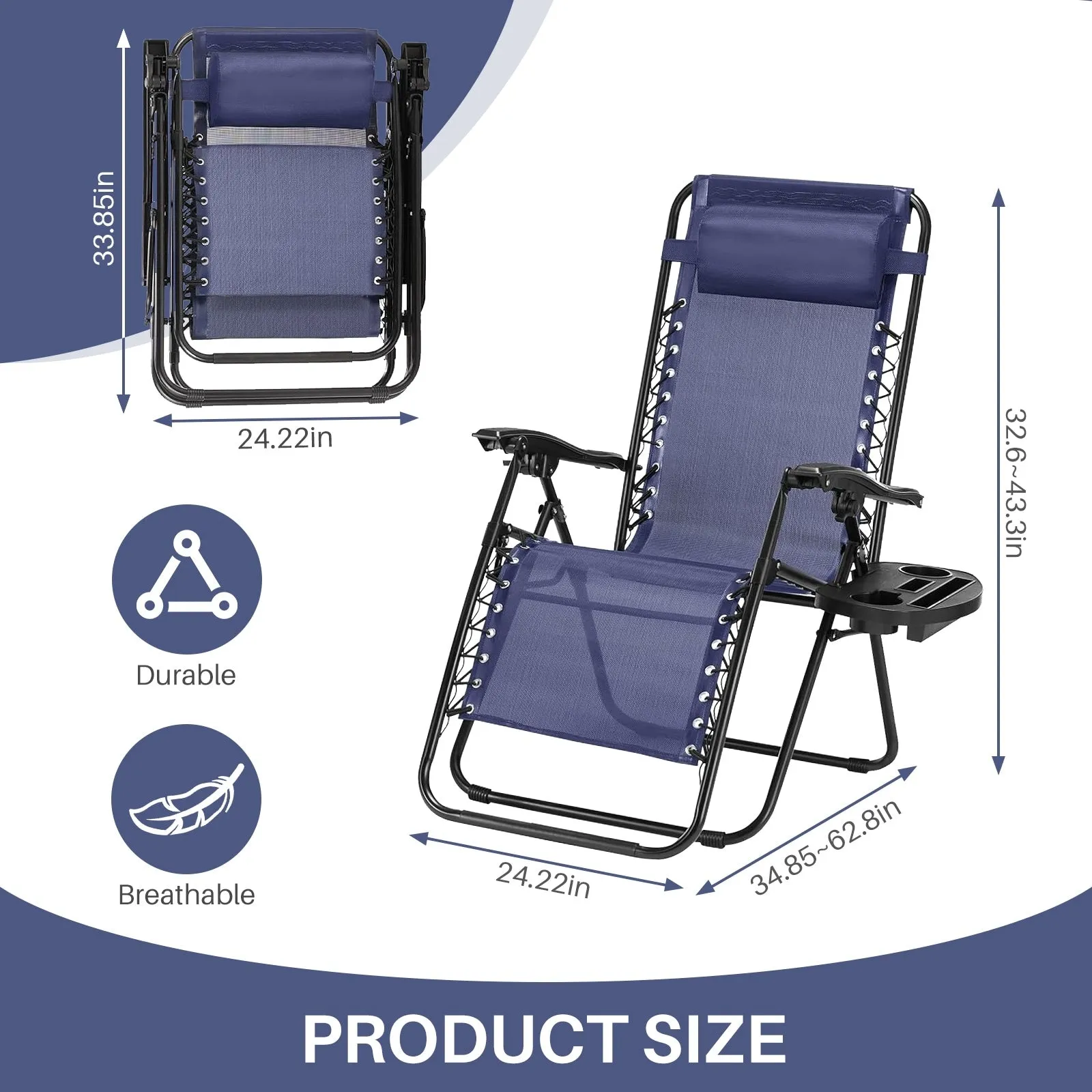Outdoor Zero Cravity Folding Chair Set of 2 with Pillow & Cup Holder for Pool Beach, Navy Blue