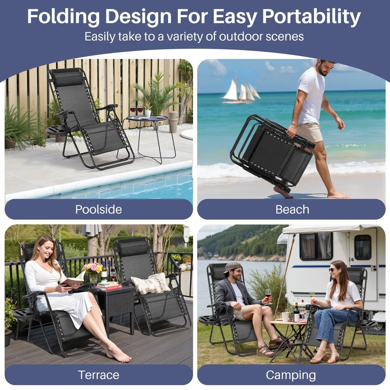 Outdoor Zero Cravity Folding Chair Set of 2 with Pillow & Cup Holder for Pool Beach, Navy Blue