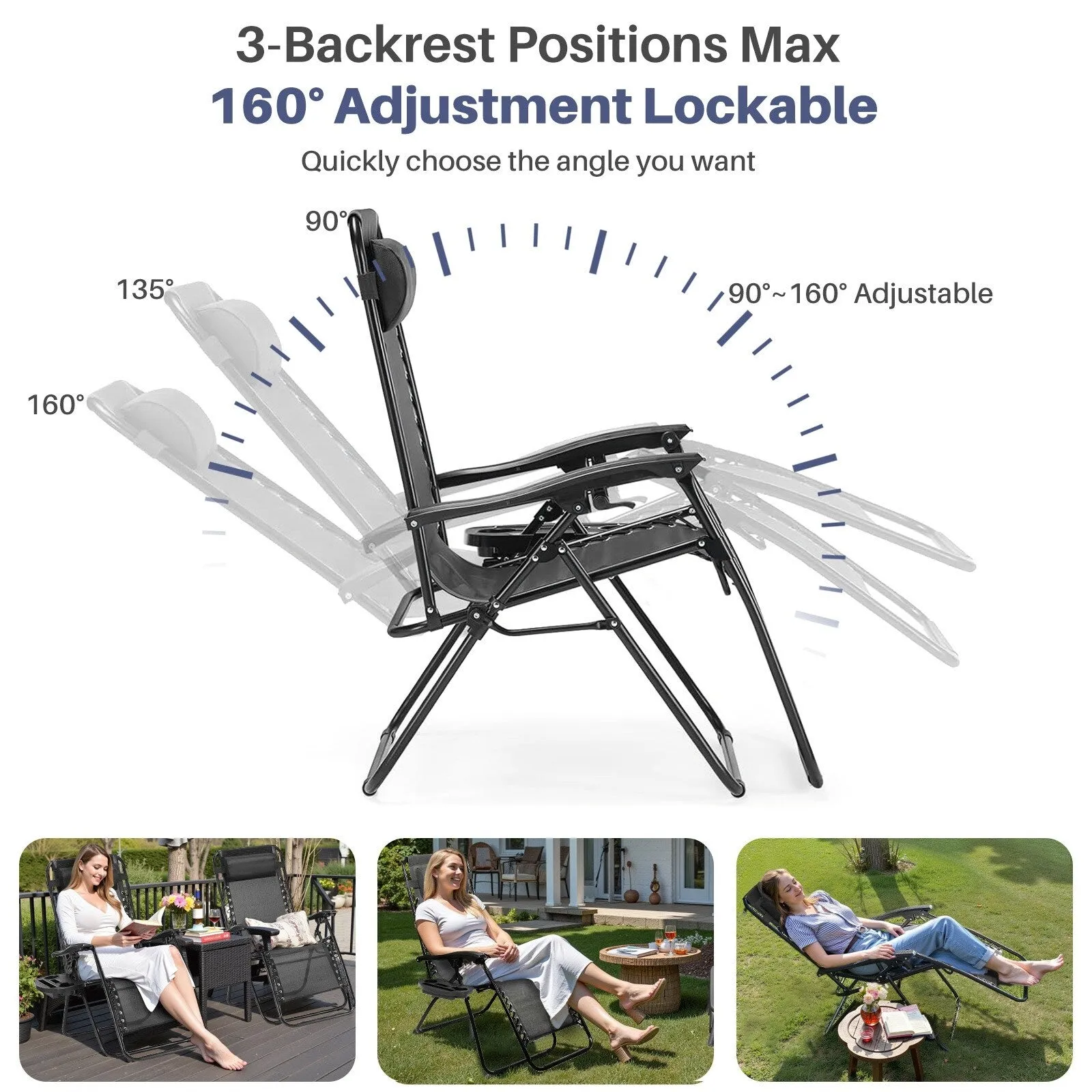 Outdoor Zero Cravity Folding Chair Set of 2 with Pillow & Cup Holder for Pool Beach, Navy Blue