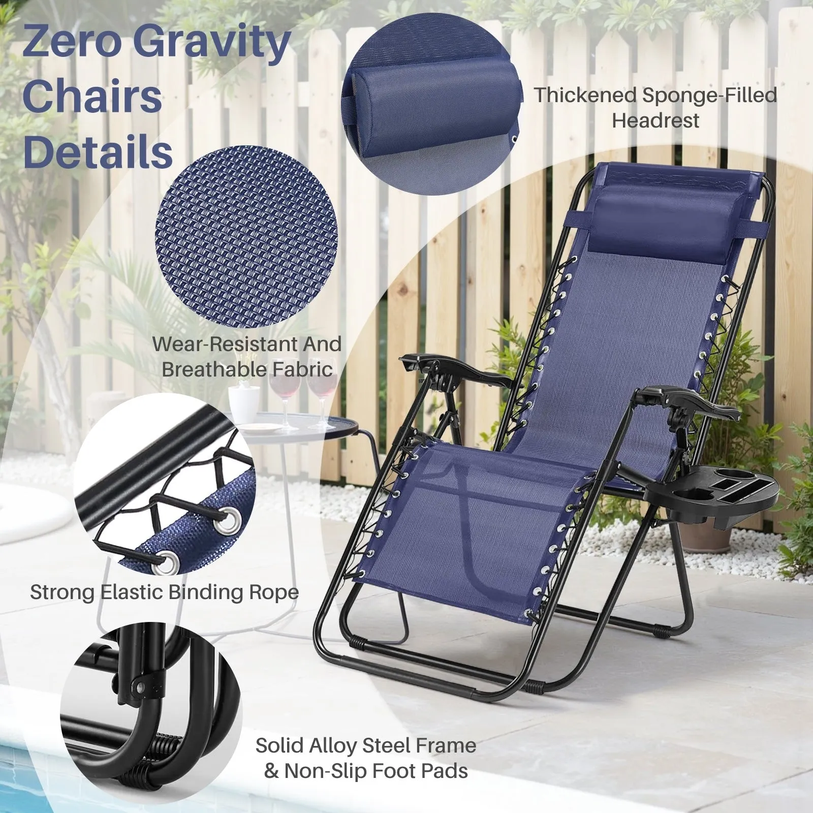 Outdoor Zero Cravity Folding Chair Set of 2 with Pillow & Cup Holder for Pool Beach, Navy Blue