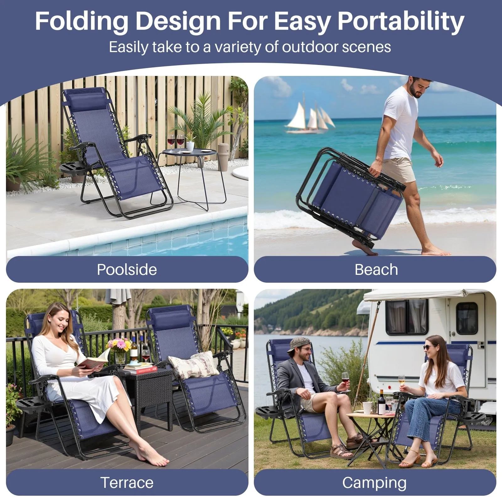 Outdoor Zero Cravity Folding Chair Set of 2 with Pillow & Cup Holder for Pool Beach, Navy Blue