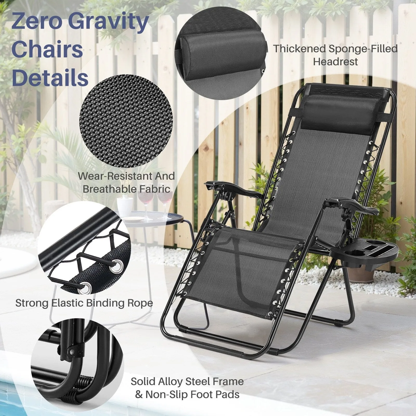 Outdoor Zero Cravity Folding Chair Set of 2 with Pillow & Cup Holder for Pool Beach, Navy Blue
