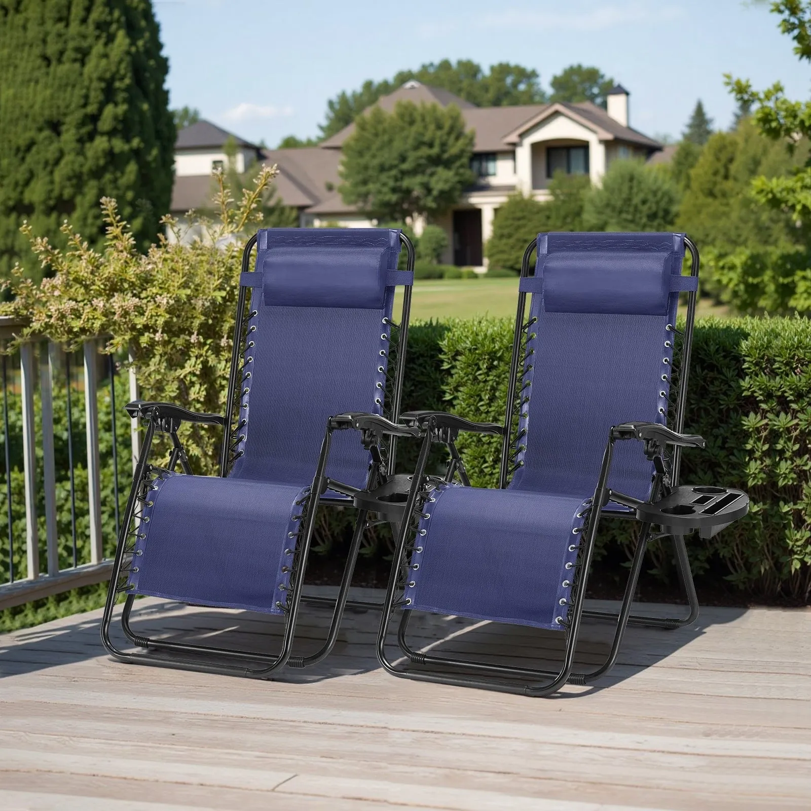 Outdoor Zero Cravity Folding Chair Set of 2 with Pillow & Cup Holder for Pool Beach, Navy Blue